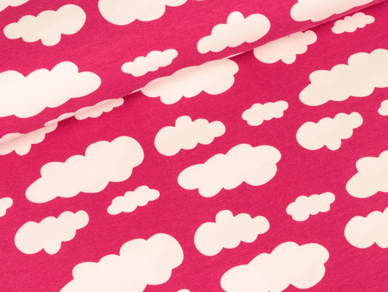 Baumwolljersey Verena Wolken weiß auf Pink