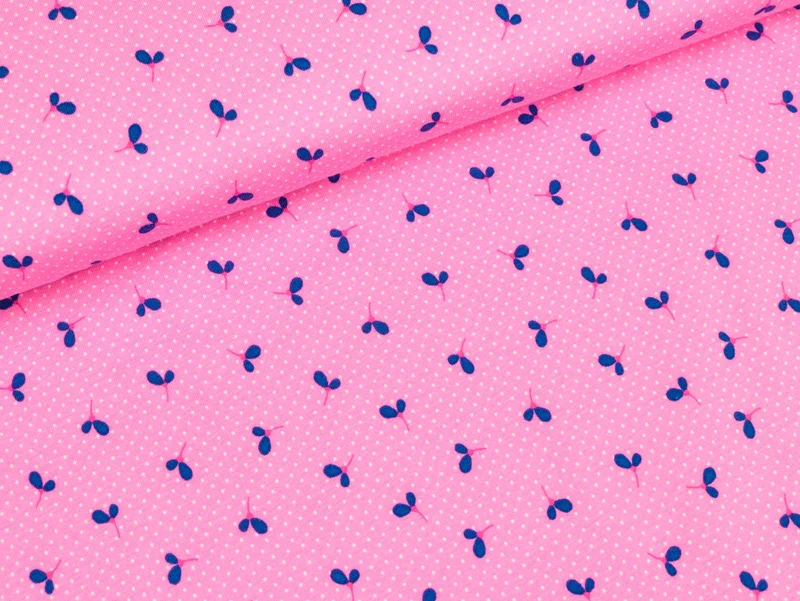 Baumwolljersey Wildflower Medow Blätter blau auf Pink