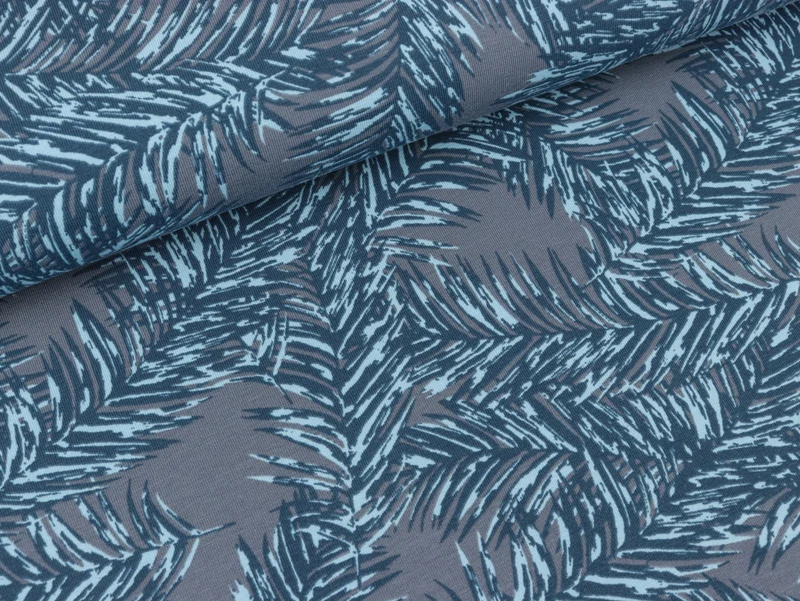 Baumwolljersey Federn blau auf Grau by Petra Laitner