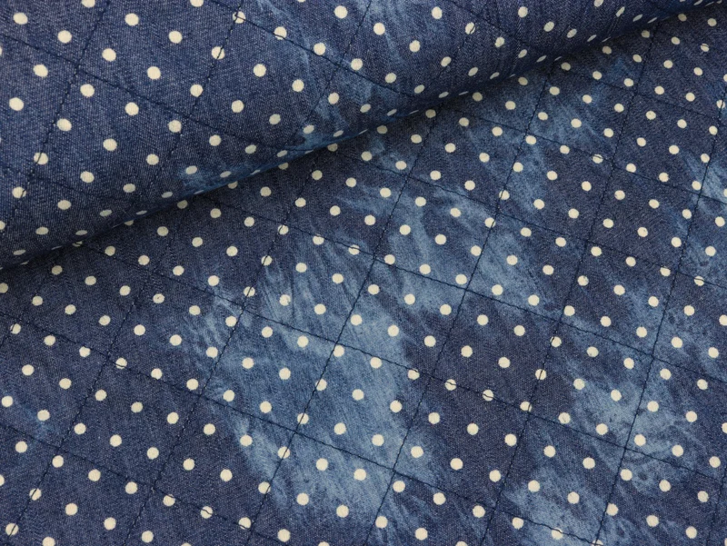 Leichter Steppsweat Punkte weiß auf Jeansblau Batikoptik