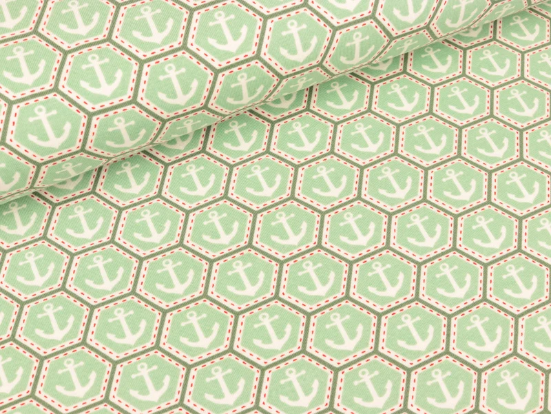 Baumwolljersey Anker im Hexagon mint-weiß by SAM