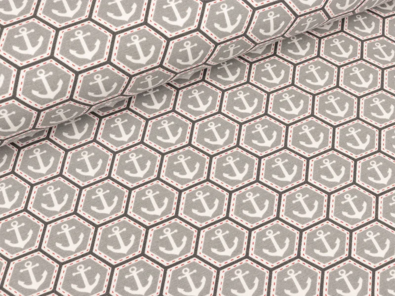 Baumwolljersey Anker im Hexagon grau-weiß by SAM
