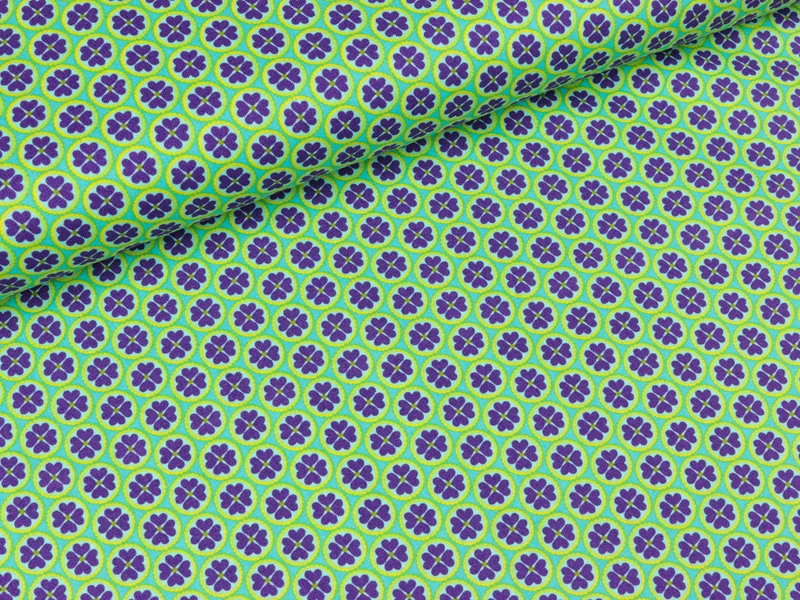 Baumwollstoff Blumenherz Kleine Blumenkreise lila auf Türkis
