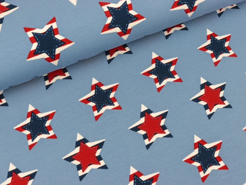 Baumwolljersey Star Patch rauchblau-rot-weiß-dunkelblau