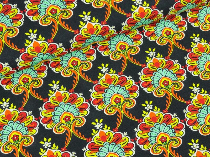 Baumwolljersey Daydream Große Blumenornamente auf Tiefblau
