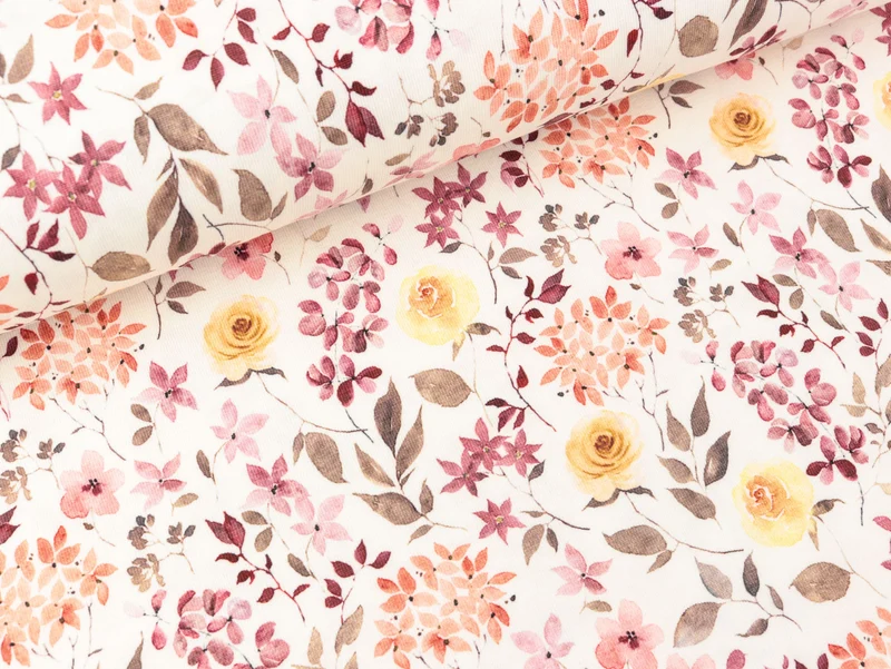 Reststück 98cm - Bio Baumwolljersey Rosen und Blumen bunt auf Creme