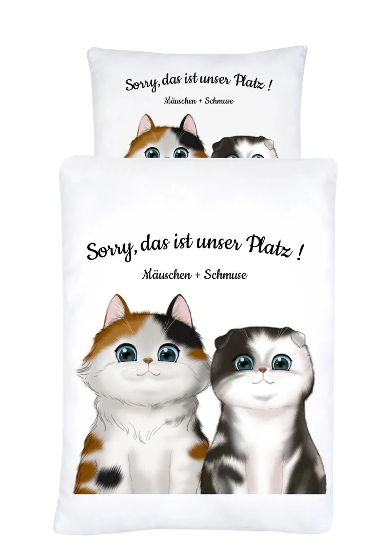 Personalisierte Bettwäsche Geschenk für Katzenliebhaber – 2 Katzen Motiv mit Namen