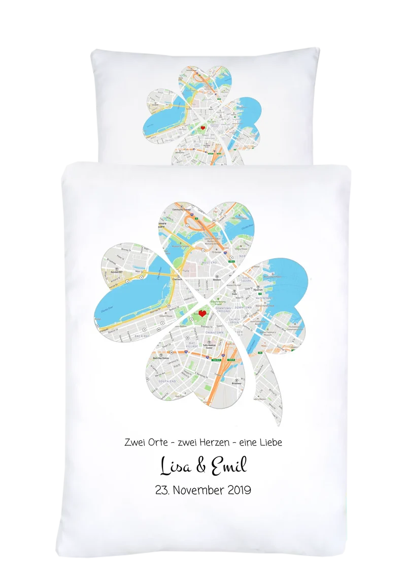 Personalisierte Bettwäsche Hochzeitsgeschenk – Glücksklee & Stadtkarte Design