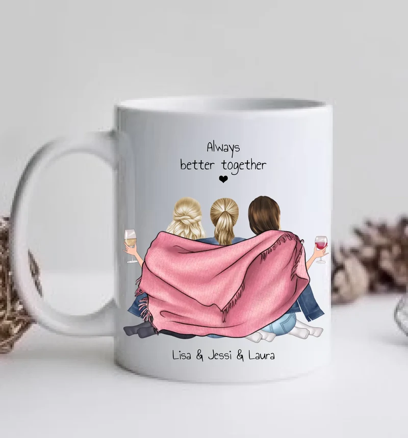 3 Beste Freundinnen Tasse personalisiert - Beste Freundin Geburtstagsgeschenk