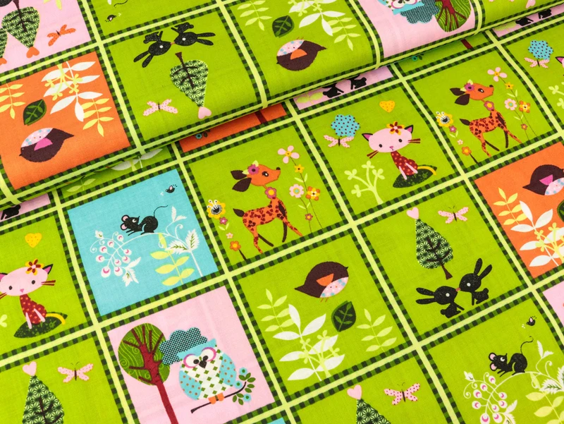 Reststück 182cm - Baumwollstoff Patchworkoptik Tiere grün-bunt