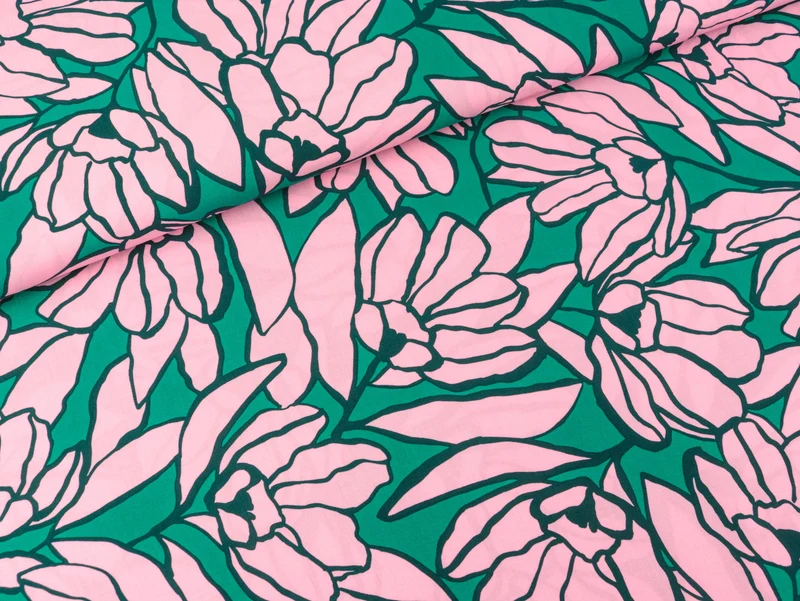 Reststück 82cm - Viskose Ecovero Webware Inked Bouquet green-rosa by Nerida Hansen