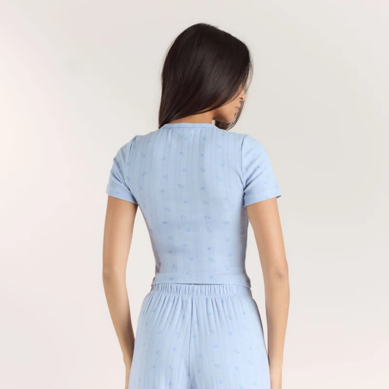 Pointelle Pyjama-Top - Florales Blau