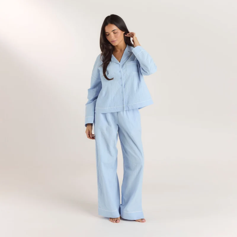Texturiertes Pyjamahemd aus Baumwoll - Blau