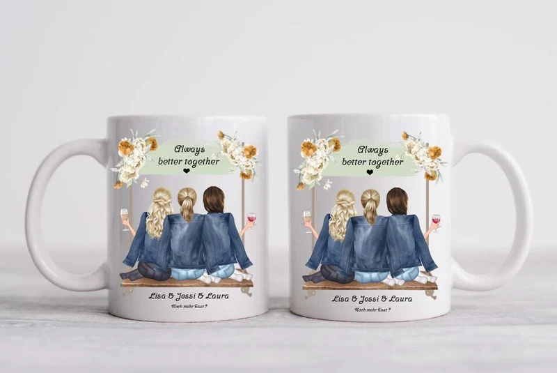 3 Beste Freundinnen Tasse personalisiert - Beste Freundin Geburtstagsgeschenk