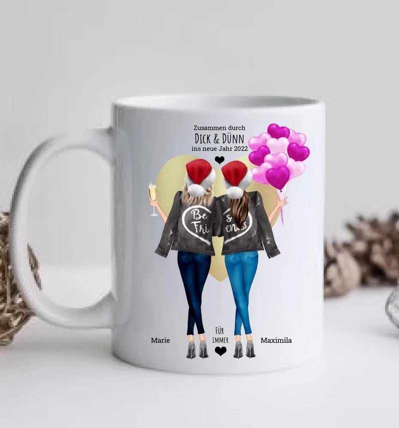 Durch DICK & DÜNN 2 Beste Freundinnen Geschenk Tasse, Personalisierte Tasse Freundin, Geschenk Schwester, Weihnachtsgeschenk