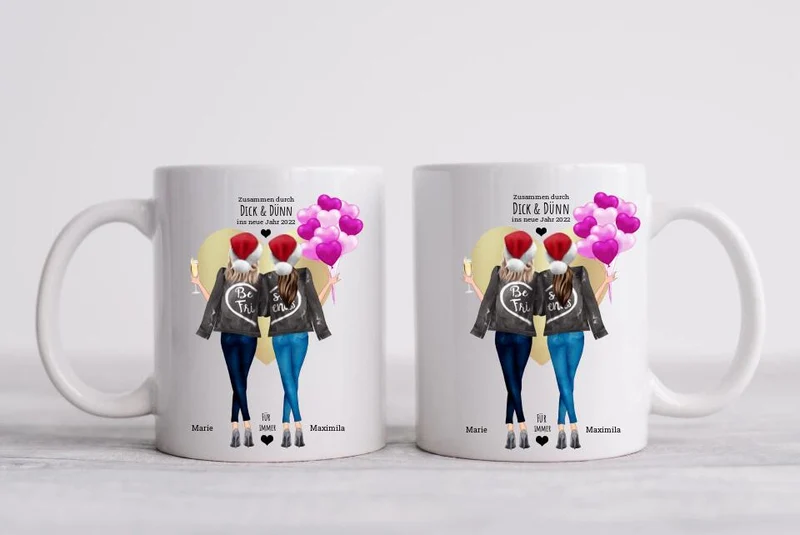 Durch DICK & DÜNN 2 Beste Freundinnen Geschenk Tasse, Personalisierte Tasse Freundin, Geschenk Schwester, Weihnachtsgeschenk