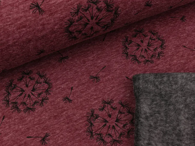 Reststück 37cm - Alpenfleece Eiger Pusteblumen schwarz auf bordeaux meliert