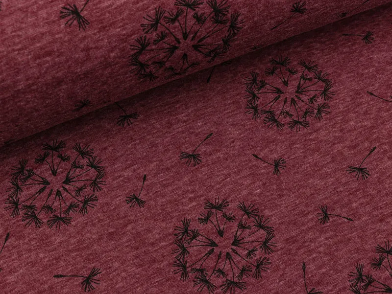 Reststück 37cm - Alpenfleece Eiger Pusteblumen schwarz auf bordeaux meliert