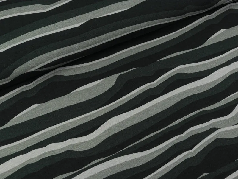 Reststück 60cm - Baumwolljersey Wavy Stripes schwarz-grau-hellgrau by Lycklig Design