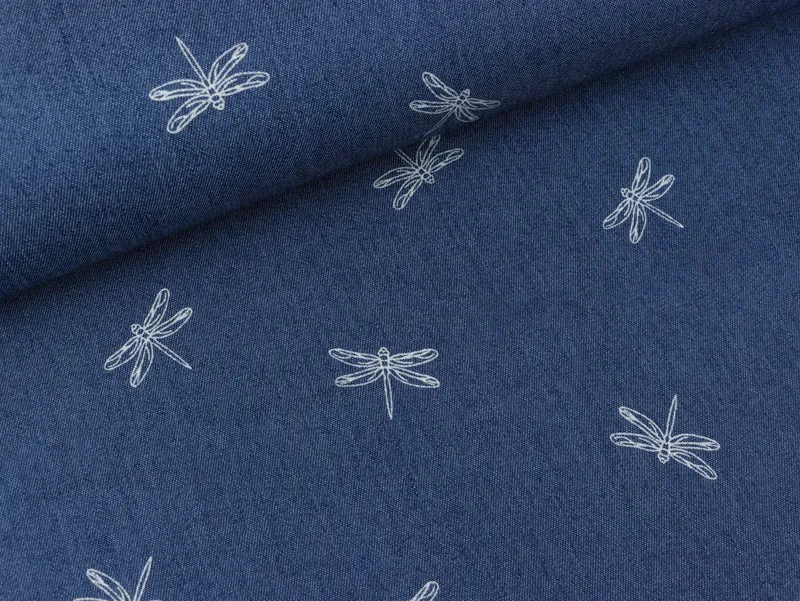 Reststück 132cm - Leichter Jeansstoff Libellen weiß auf Jeansblau