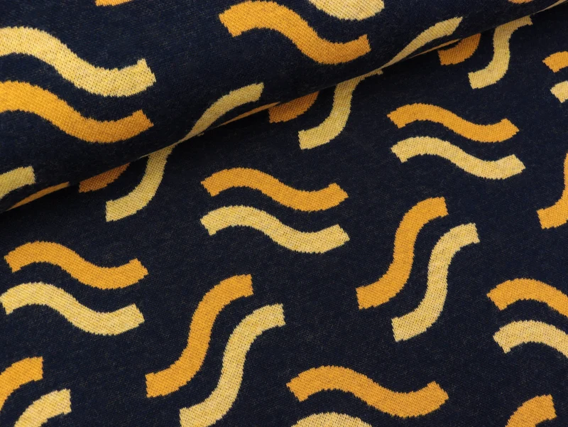 Reststück 53cm - Hamburger Liebe 3 Farb-Jacquardjersey Darling Things Pasta blue navy-curry-colza Wooltouch