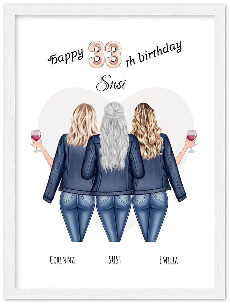 3 Beste Freundinnen Poster gerahmt - Beste Freundin Bild Geschenk Geburtstag - Geburtstagsgeschenk - Ostergeschenk - Geschenk Schwester