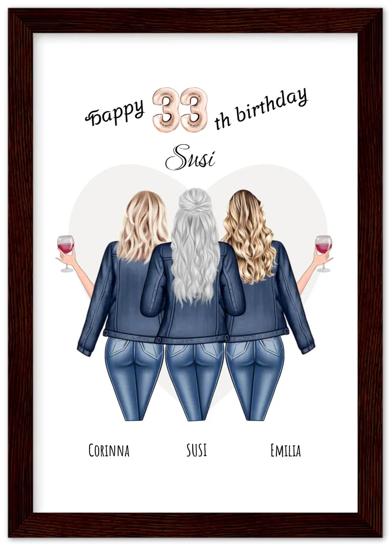 3 Beste Freundinnen Poster gerahmt - Beste Freundin Bild Geschenk Geburtstag - Geburtstagsgeschenk - Ostergeschenk - Geschenk Schwester