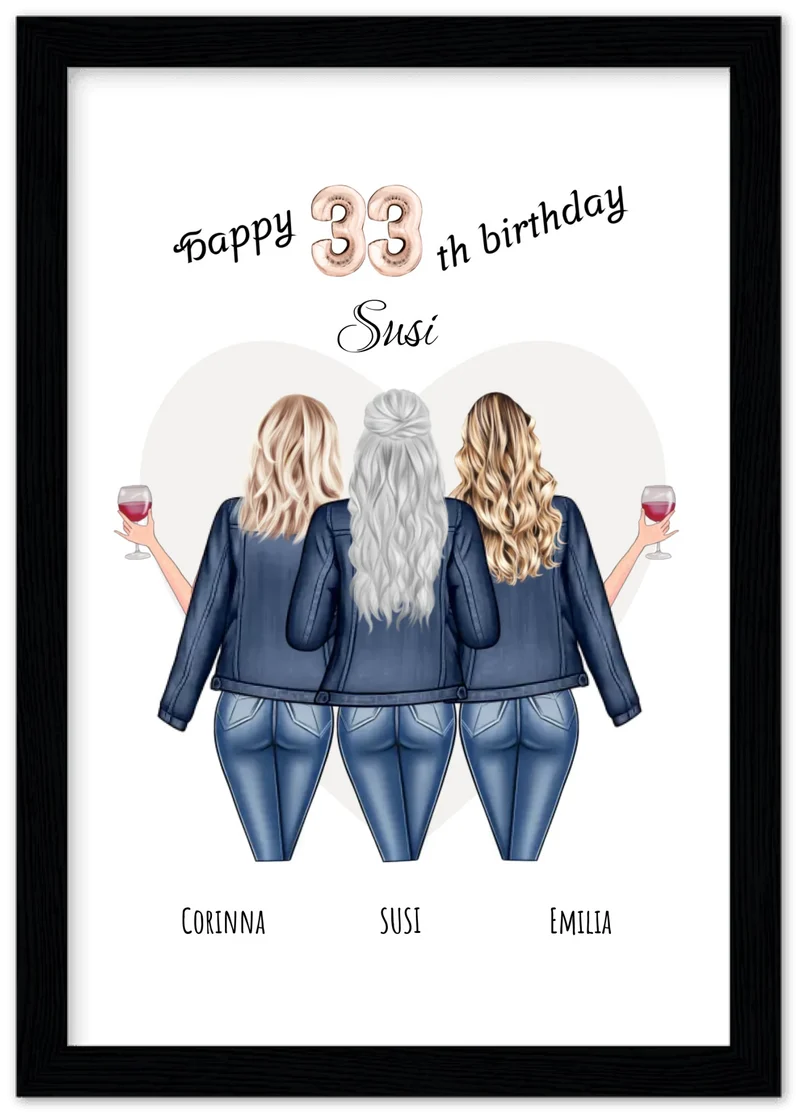 3 Beste Freundinnen Poster gerahmt - Beste Freundin Bild Geschenk Geburtstag - Geburtstagsgeschenk - Ostergeschenk - Geschenk Schwester
