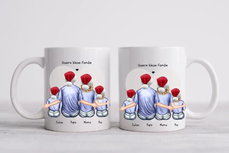 Personalisierte Tasse Familie mit 2 Kindern, , Nikolausgeschenk, Weihnachtstasse personalisiertes Weihnachtsgeschenk Kaffeebecher