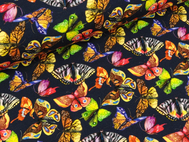 Reststück 25cm - French Terry Butterfly Art Schmetterlinge bunt auf Tiefblau