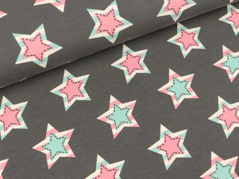 Reststück 42cm - Baumwolljersey Star Patch grau-rosa-weiß-hellblau
