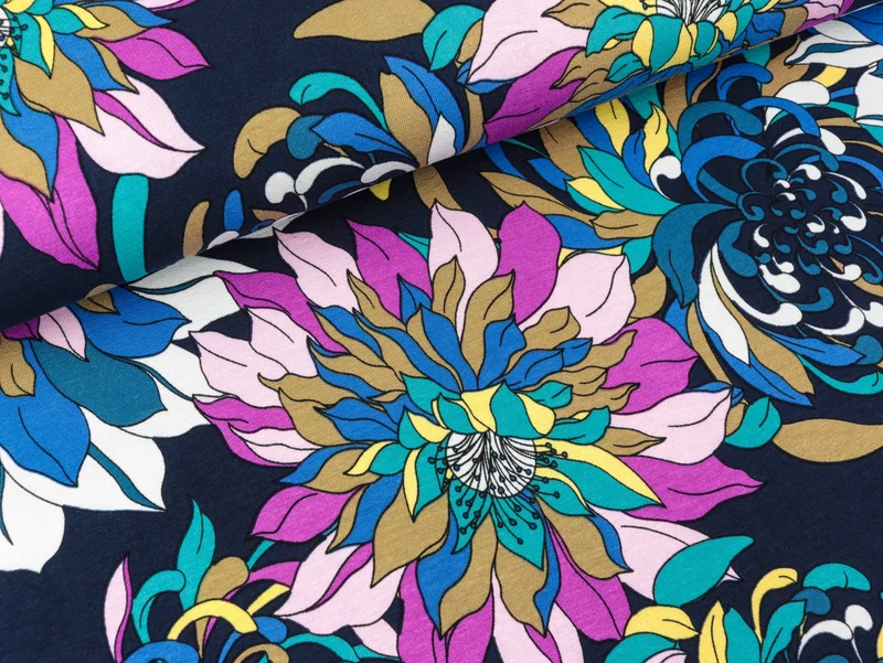 Reststück 80cm - Viskosejersey Big Flowers navy-bunt