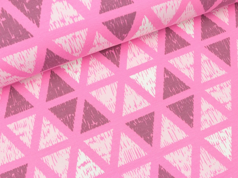 Reststück 47cm - Leichter Sweat Dreiecke weiß-rose-altrosa auf Pink
