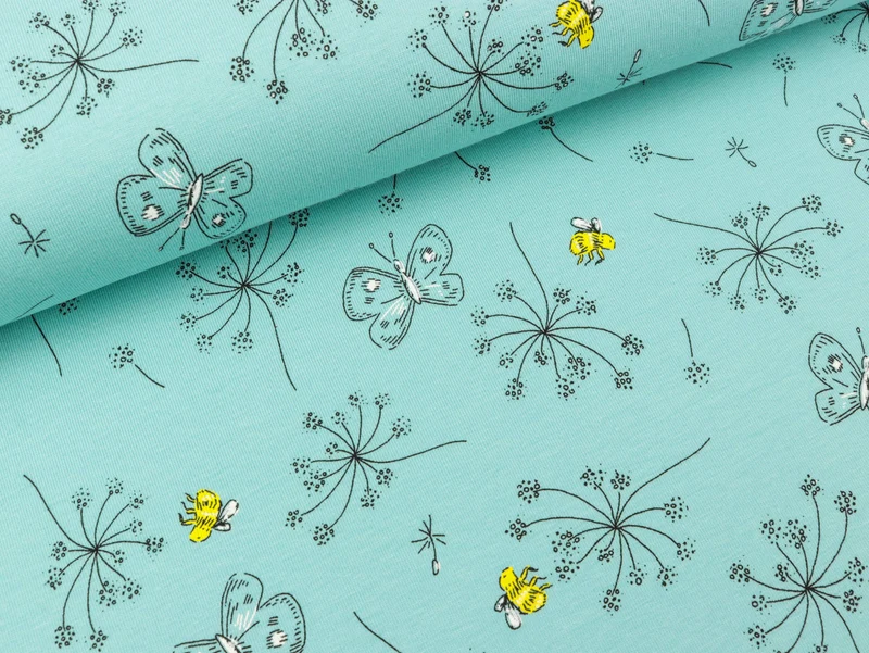 Reststück 62cm - Baumwolljersey Print Flowers and Bees mint