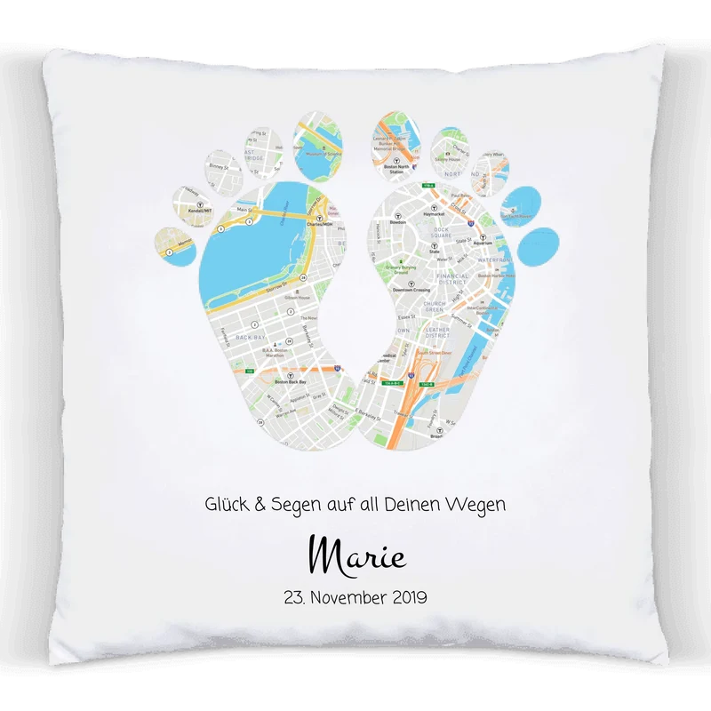 Geburtsgeschenk & Taufgeschenk | Babykissen Geschenk | Kinderkissen Babygeschenk Kissen im Koordinaten Stadtkarte Design | Füße