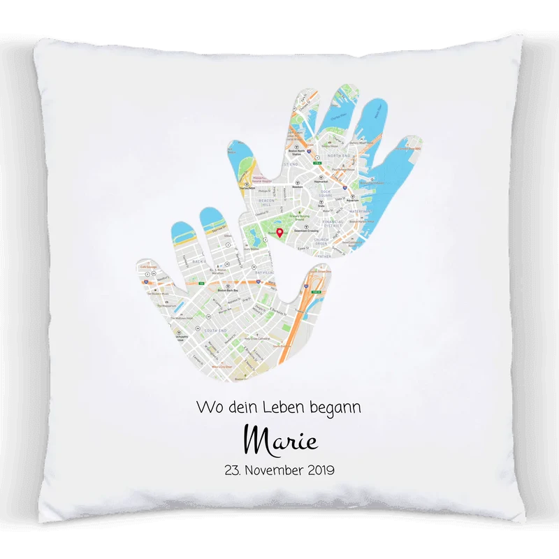 Geburtsgeschenk & Taufgeschenk | Babykissen Geschenk | Babygeschenk Kinder Kissen im Koordinaten Stadtkarte Design | Hände
