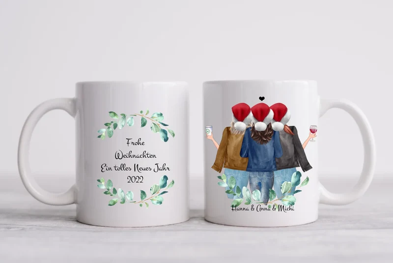Geschenk für Freundin - 3 Beste Freundinnen Geschenk Kaffeetasse Weihnachtstasse personalisiert-Kaffeebecher Weihnachtsgeschenk