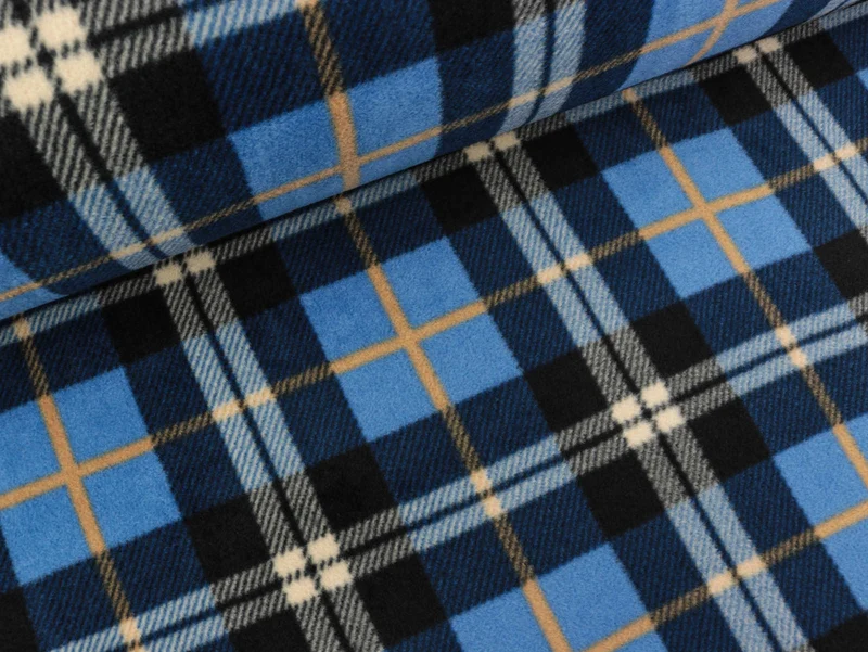 Reststück 19cm - Doubleface Polarfleece Check blau-schwarz-senfgelb