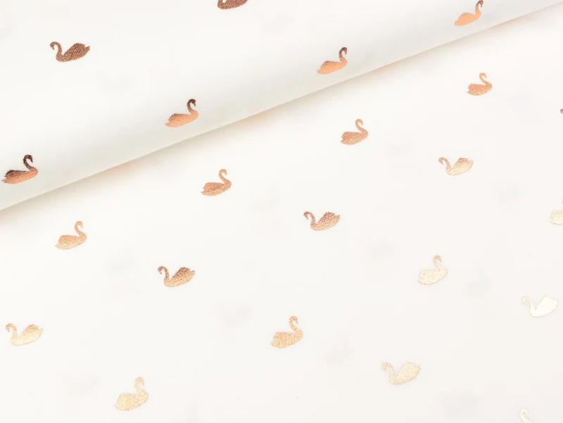 Reststück 17cm - Baumwolljersey Folienprint Swans kupfer auf Weiß