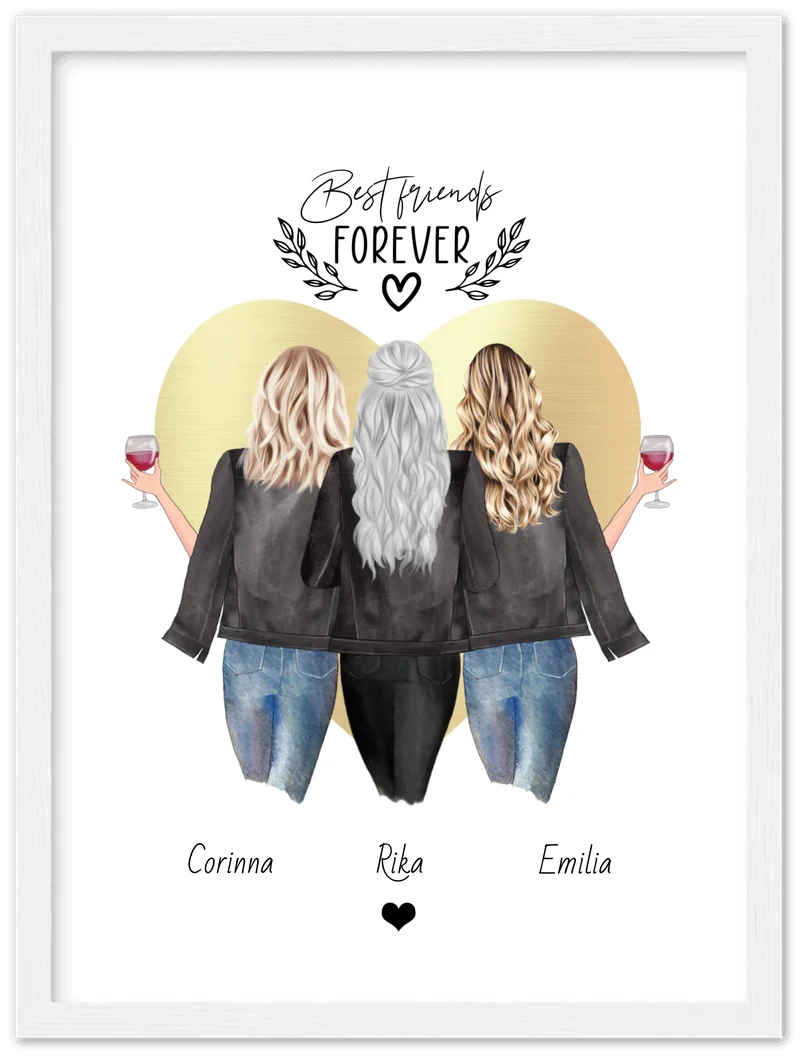 3 Beste Freundinnen Poster gerahmt - True Friends - Personalisiertes Geschenk Freundin Bild - Geburtstagsgeschenk Schwester