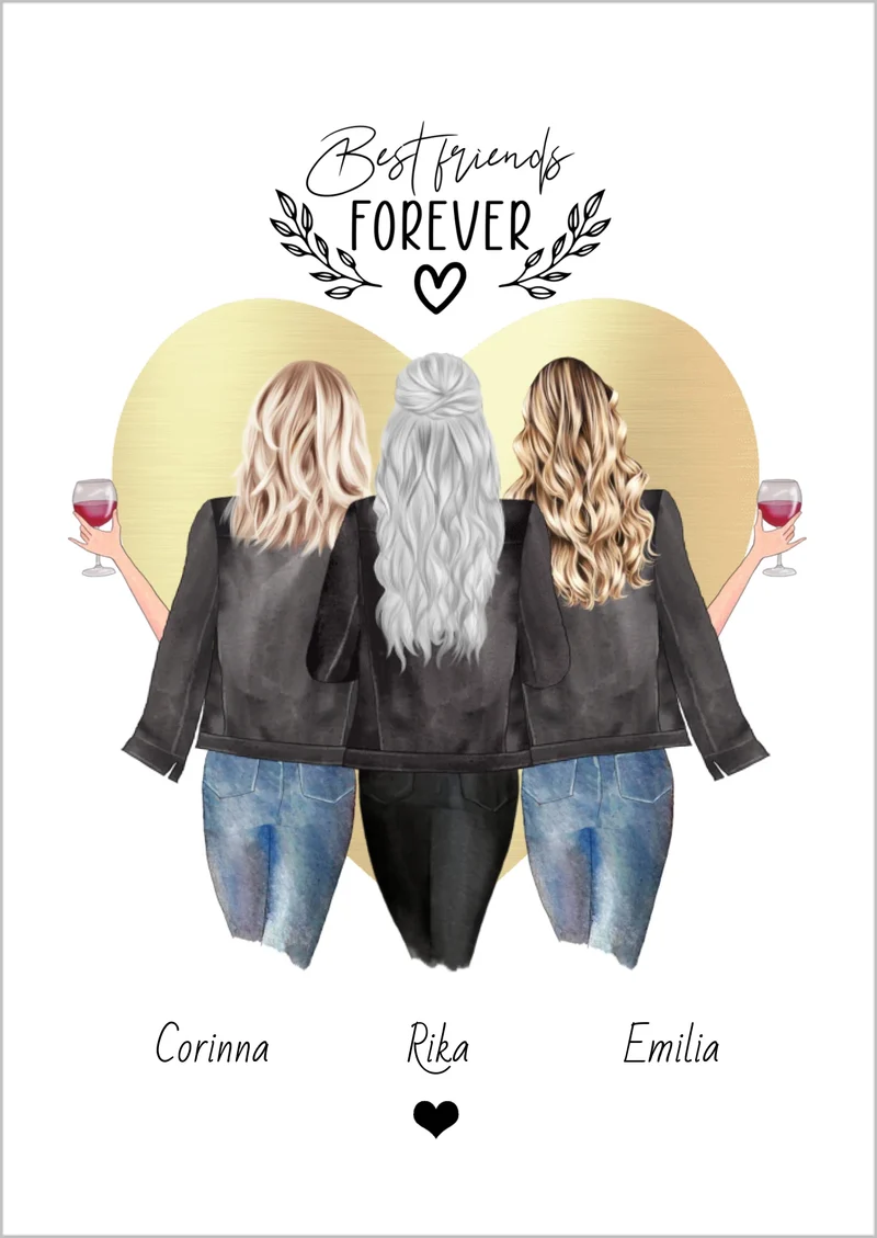 3 beste Freundinnen Poster personalisiertes Geschenk mit Spruch - True Friends are never apart - Freundin Bild Geschenkidee -Geburtstagsgeschenk