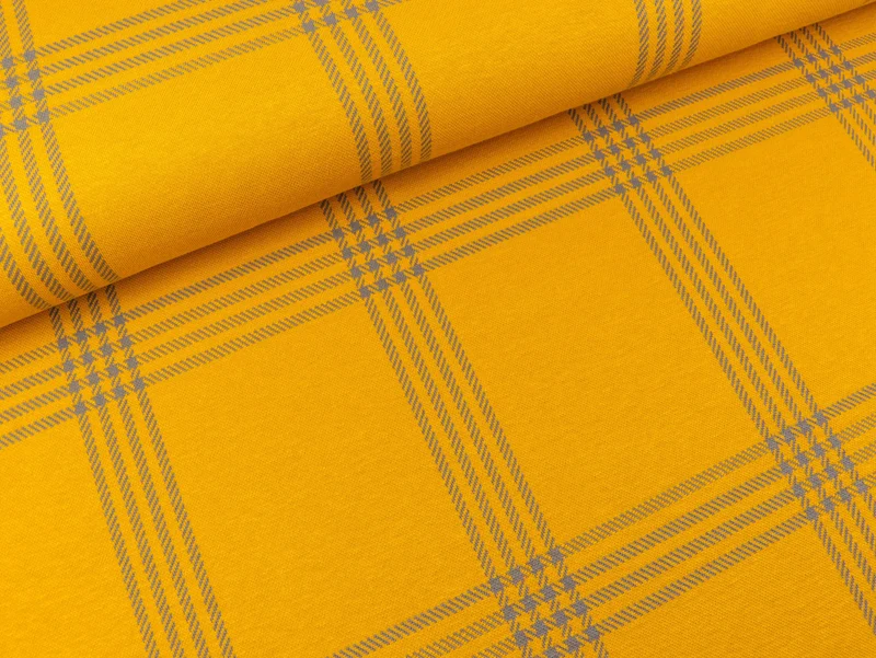 Reststück 125cm - Jacquard Jersey Cozy Karomuster grau auf Goldgelb by Lycklig Design