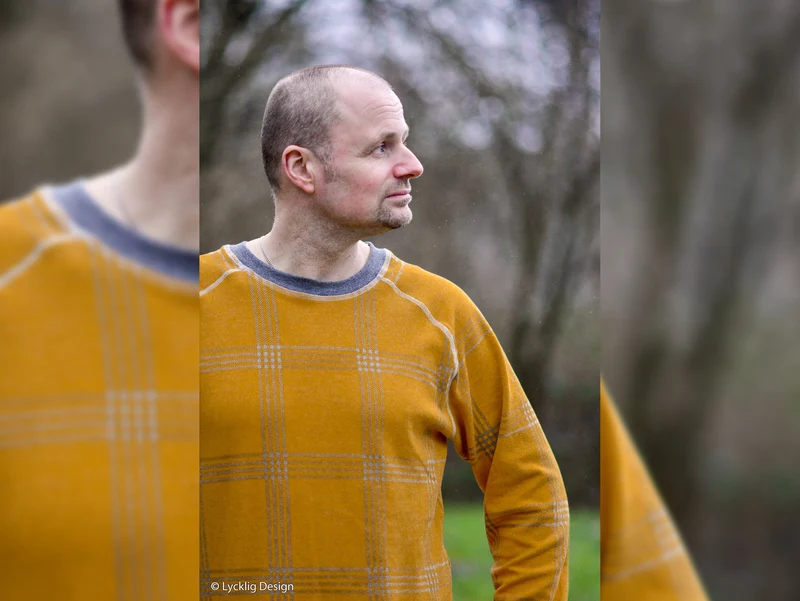 Reststück 125cm - Jacquard Jersey Cozy Karomuster grau auf Goldgelb by Lycklig Design