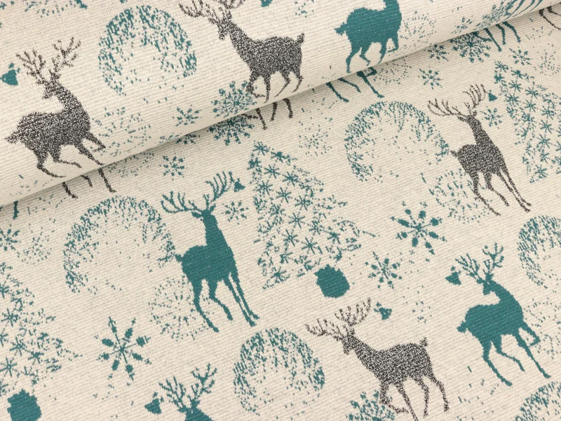Reststück 15cm - Strickstoff Deer petrol-silber auf Ecrü mit Glitzer