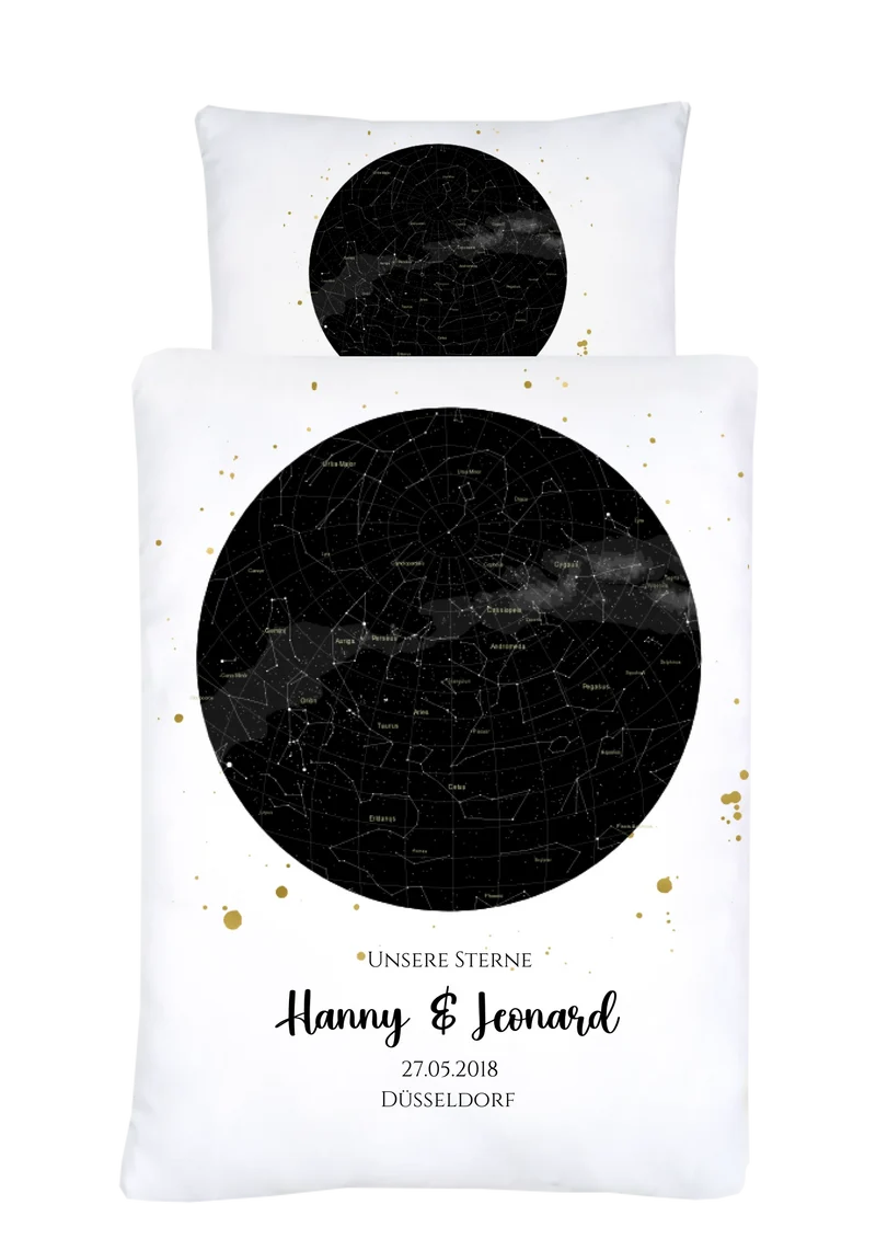 Hochzeitsgeschenk Just Married | Personalisierter Bettbezug Kreis | Geschenk zur Hochzeit, Valentin, Liebe im Sternkarte/Sternenhimmel Design