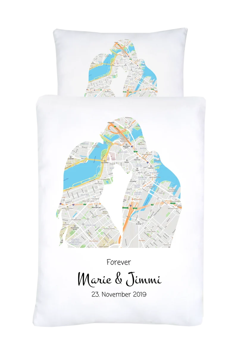 Personalisierte Bettwäsche Hochzeitsgeschenk – Liebespaar & Stadtkarte Forever Design