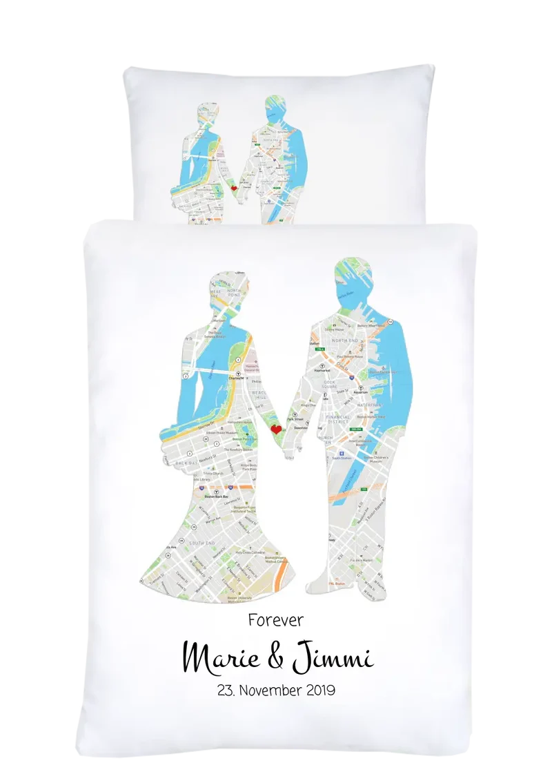 Personalisierte Bettwäsche Hochzeitsgeschenk – Brautpaar & Stadtkarte Just Married Design
