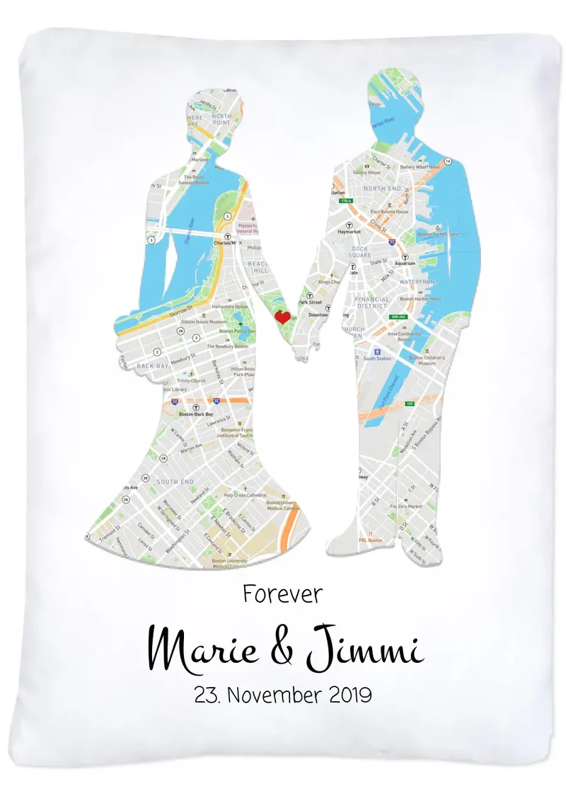 Personalisierte Bettwäsche Hochzeitsgeschenk – Brautpaar & Stadtkarte Just Married Design