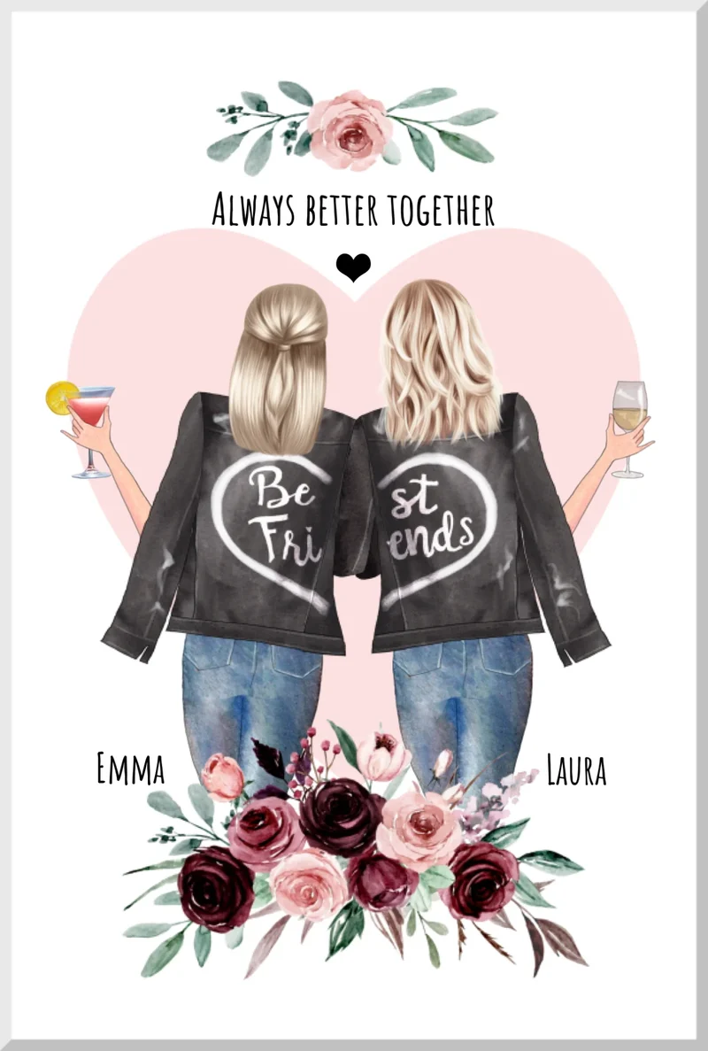 2 Freundinnen Bild & Poster mit Namen personalisiert | Geschenk beste Freundin