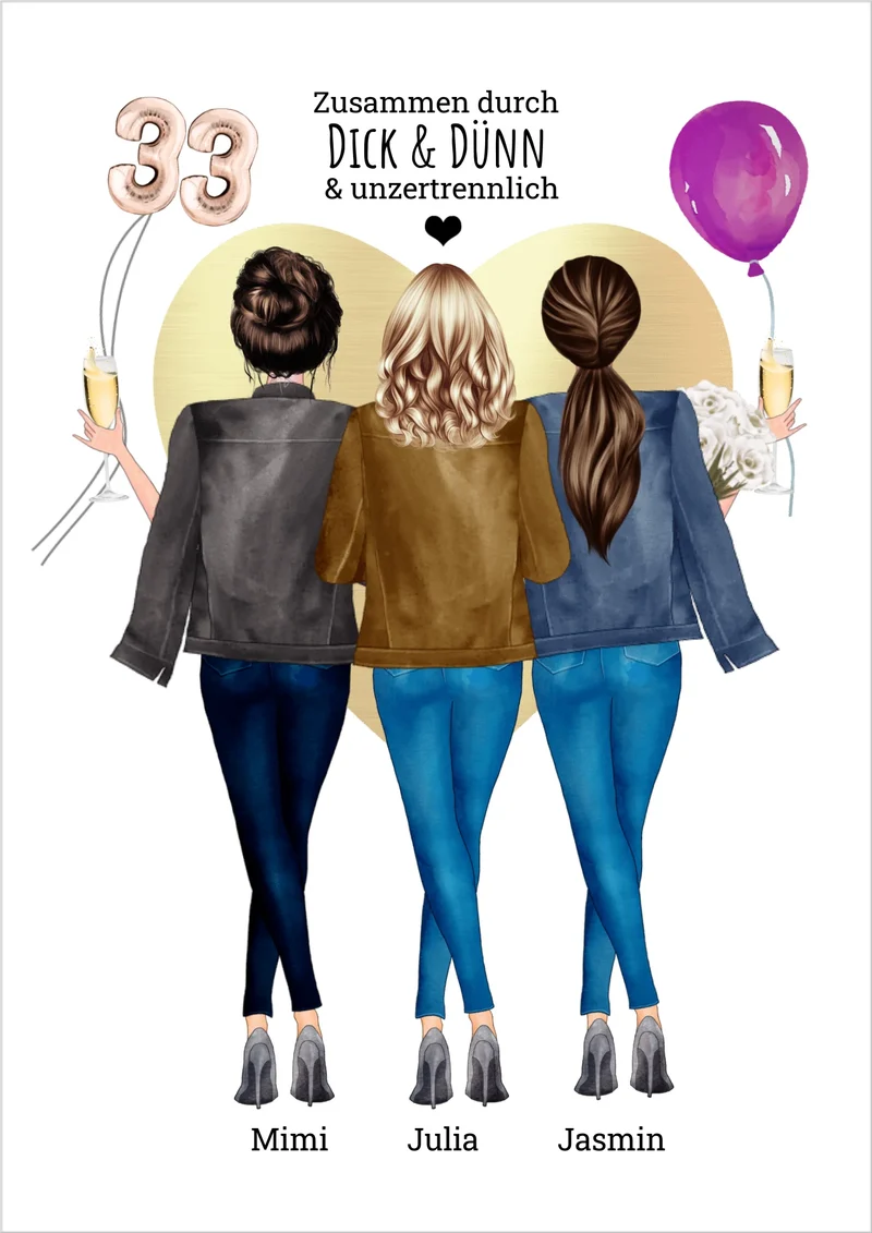 3 Freundinnen Poster personalisiert- Beste Freundin Bild Geburtstagsgeschenk
